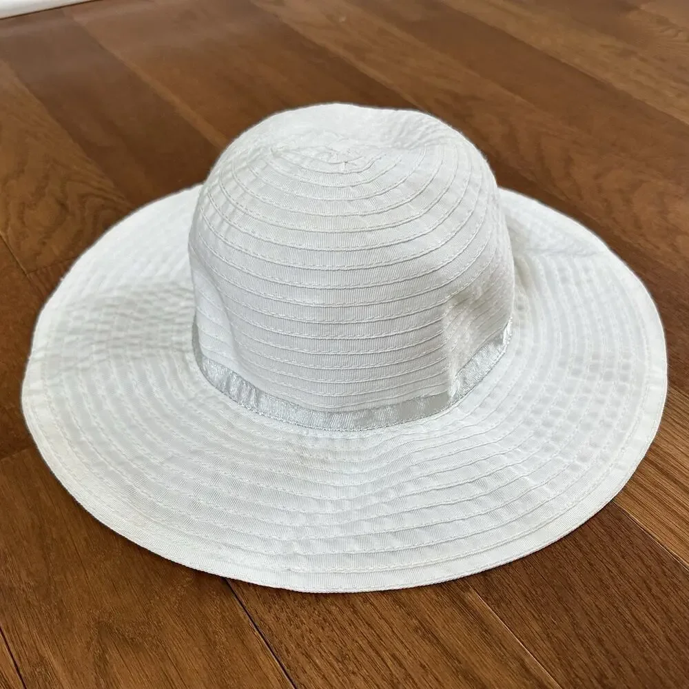 Gymboree Girl's Sun Hat Bonnet Size Medium White Silver Ribbon‎ Bow